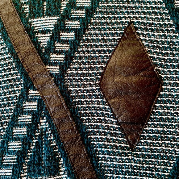 Urban Works Vintage Men’s Grandpa Sweater Real Leather Trim Teal/White Sz L - Picture 3 of 8